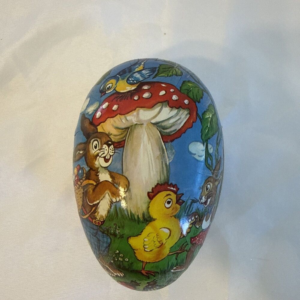 1950s Western Germany Paper Mache  Egg 5-1/2" rabbits and chick